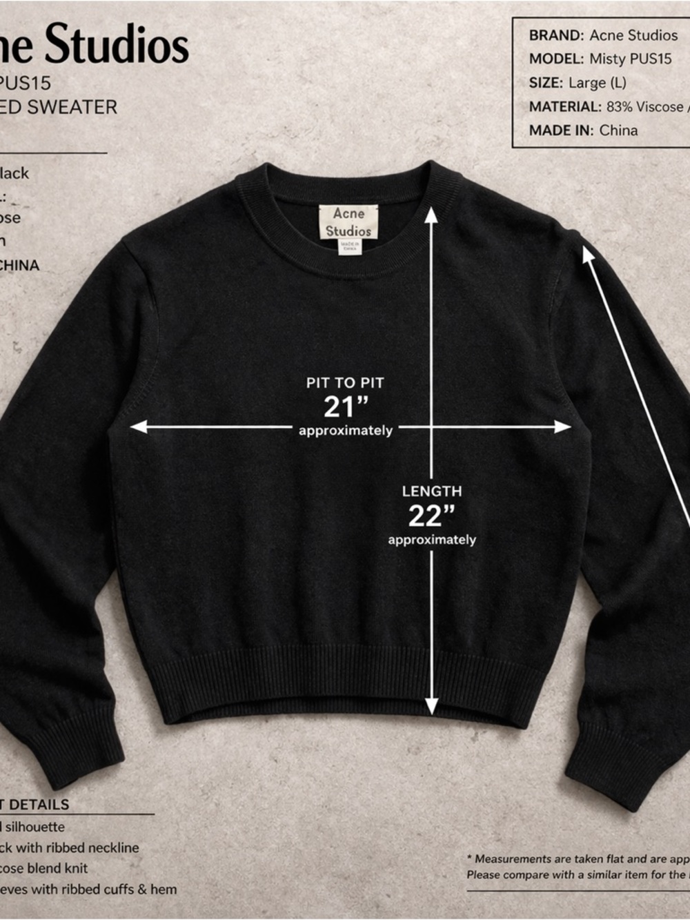 Acne studios black cropped sweater women’s large minimal luxury knit top